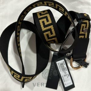 Versace fabric belt with Greca design and leather trim